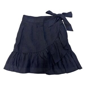 Gap Black 100% Linen Ruffle Faux Wrap Mini Skirt XS Petite Tie Waist Summer